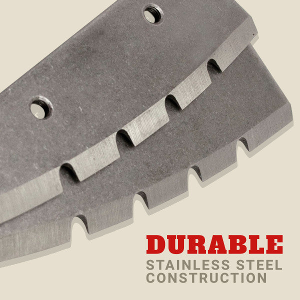 Close-up of durable stainless steel blades with curved cutting edges and mounting holes, part of Eskimo Power Blades designed for fishing tackle and ice fishing equipment.