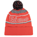Eskimo Reflective Pom Hat in bright orange with black and white reflective yarn accents, featuring a large pom-pom on top and a folded cuff for warmth and comfort.