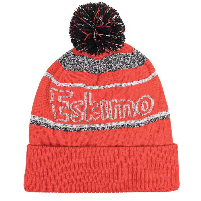 Eskimo Reflective Pom Hat in bright orange with black and white reflective yarn accents, featuring a large pom-pom on top and a folded cuff for warmth and comfort.