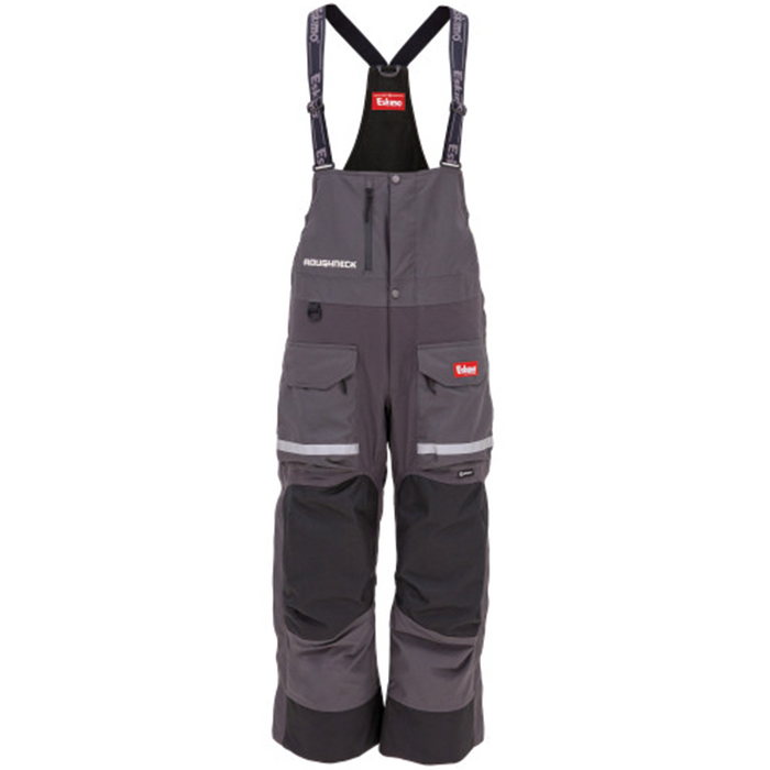 Eskimo Roughneck Bib - Men's in dark gray with reinforced black knee panels, adjustable black suspenders, multiple cargo pockets, and reflective striping designed for durability and comfort in fishing tackle activities.