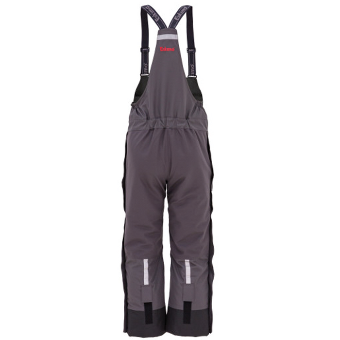 Eskimo Roughneck Bib - Men's in dark gray with adjustable black shoulder straps and reinforced knee patches, designed for durability and protection during fishing activities.