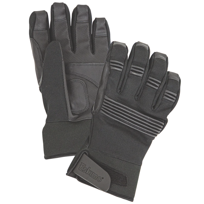 Eskimo Roughneck Glove shown in black with textured palm and fingers, reinforced knuckle protection, and adjustable wrist strap for secure fit, designed for fishing tackle use.