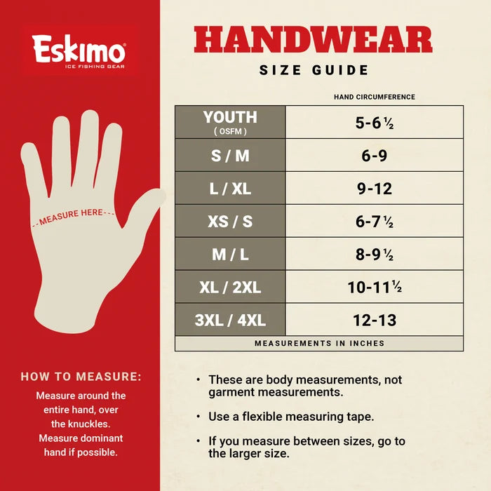 Eskimo Roughneck Glove size guide chart showing hand circumference measurements in inches for youth through 4XL sizes, with instructions on how to measure hand for proper fit.