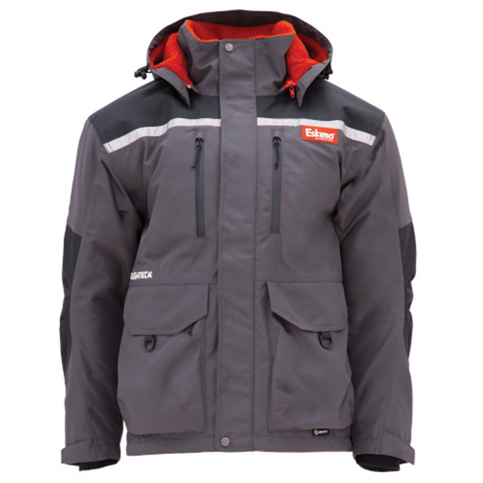 Eskimo Roughneck Jacket - Men's in dark gray with black shoulder accents and red fleece lining, featuring a hood, multiple zippered and flap pockets, and water-resistant material.