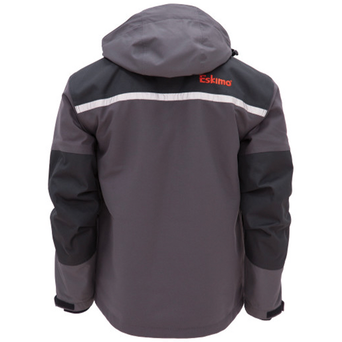 Eskimo Roughneck Jacket - Men's shown from the back, featuring dark gray and black water-resistant fabric with a hood and reflective stripe across the shoulders for fishing and outdoor activities.