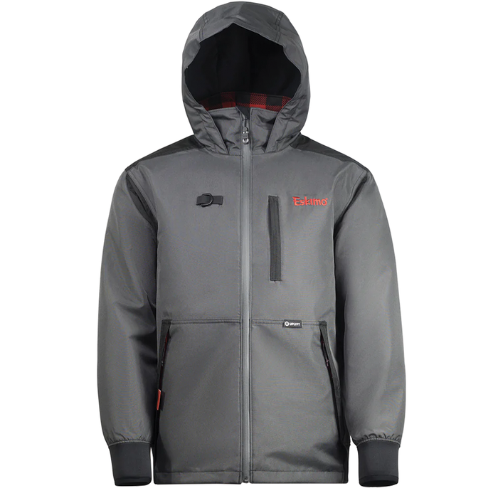 Eskimo Scout Jacket - Men's in dark gray with a hood, full front zipper, zippered chest and side pockets, and black cuffed sleeves, designed for outdoor fishing and cold weather.