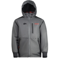 Eskimo Scout Jacket - Men's in dark gray with a hood, full front zipper, zippered chest and side pockets, and black cuffed sleeves, designed for outdoor fishing and cold weather.
