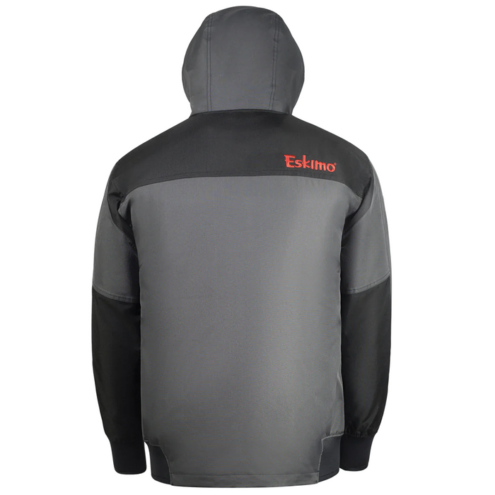 Eskimo Scout Jacket - Men's in gray and black with a hood, featuring durable weather-resistant fabric and the Eskimo logo embroidered on the upper back.