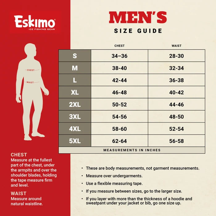 Men's size guide chart for the Eskimo Scout Jacket - Men's showing chest and waist measurements in inches from small to 5XL with fitting tips included.