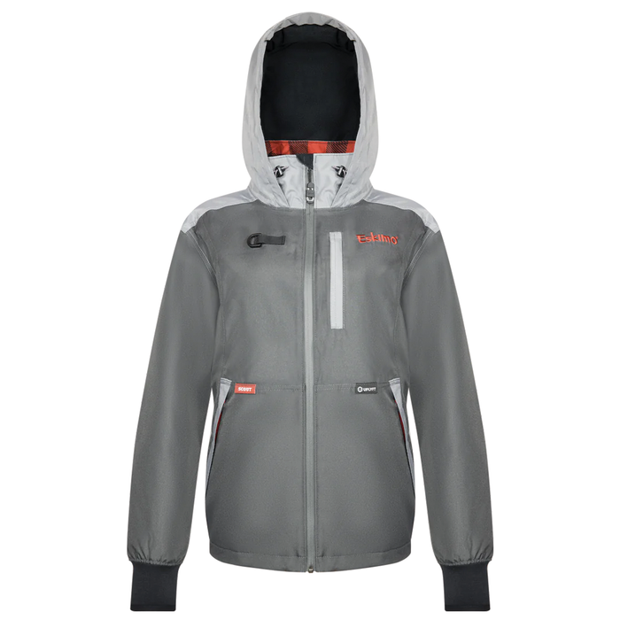Eskimo Scout Jacket - Women's in gray with a hood, full front zipper, elastic cuffs, multiple pockets, and weather-resistant fabric designed for outdoor fishing activities.