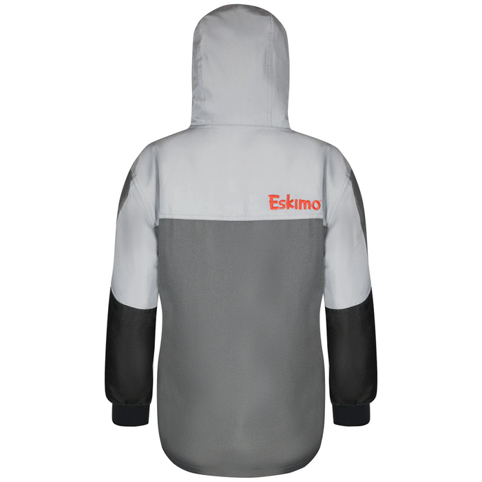 Eskimo Scout Jacket - Women's shown from the back, featuring a hood and color-block design in light gray, dark gray, and black with the Eskimo logo in orange on the upper back.
