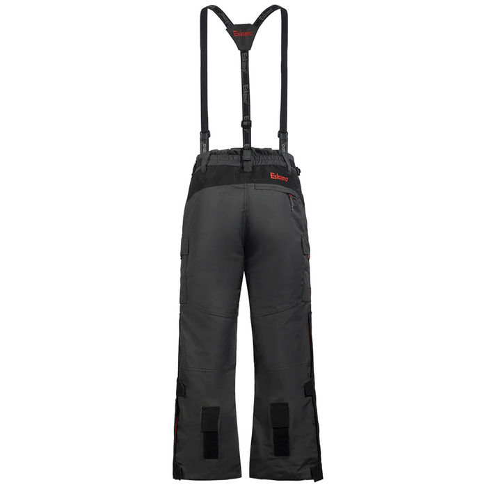 Eskimo Scout Pant - Men's shown from the back in dark gray with adjustable black suspenders, featuring reinforced panels and multiple pockets designed for durability and comfort during fishing activities.