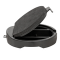 Eskimo Seatstash Bucket Lid in black with a hinged cover, designed to fit securely on a bucket, featuring internal compartments for organized fishing tackle storage.