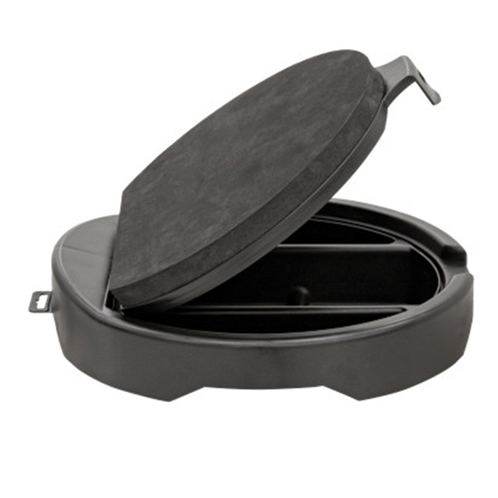 Eskimo Seatstash Bucket Lid in black with a hinged cover, designed to fit securely on a bucket, featuring internal compartments for organized fishing tackle storage.