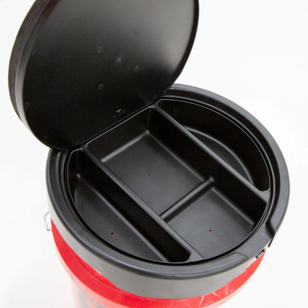 Eskimo Seatstash Bucket Lid shown open, featuring a black plastic lid with multiple compartments designed for organized storage of fishing tackle inside a red bucket.