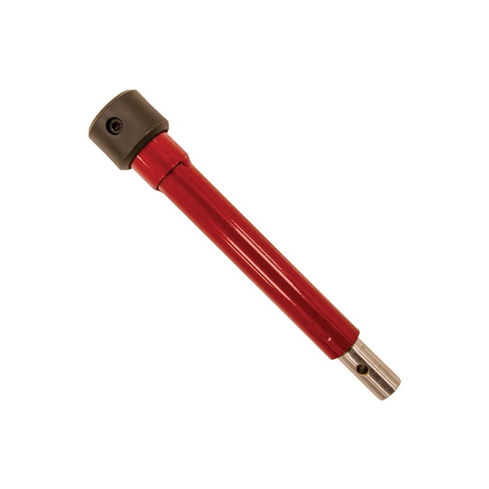 Close-up of a red and silver Eskimo Steel Electric Auger Extensions part designed to extend the length of an electric ice auger for fishing and outdoor use.