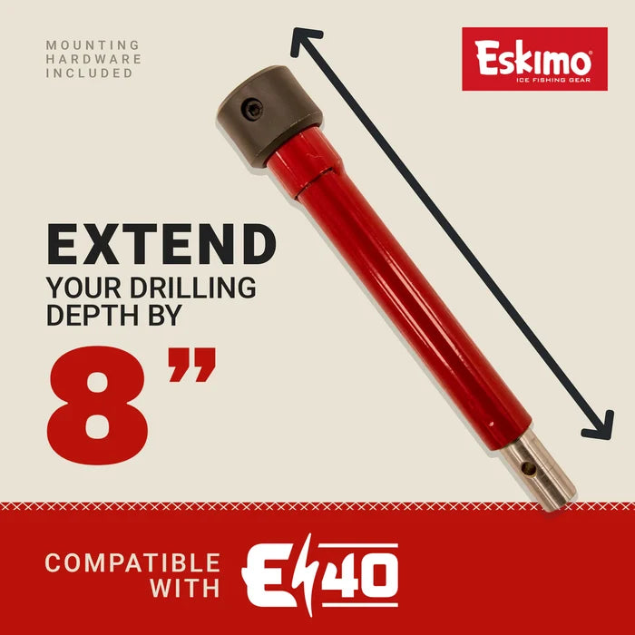 Eskimo Steel Electric Auger Extensions in red with mounting hardware included, designed to extend drilling depth by 8 inches, compatible with E40 models, used for ice fishing.
