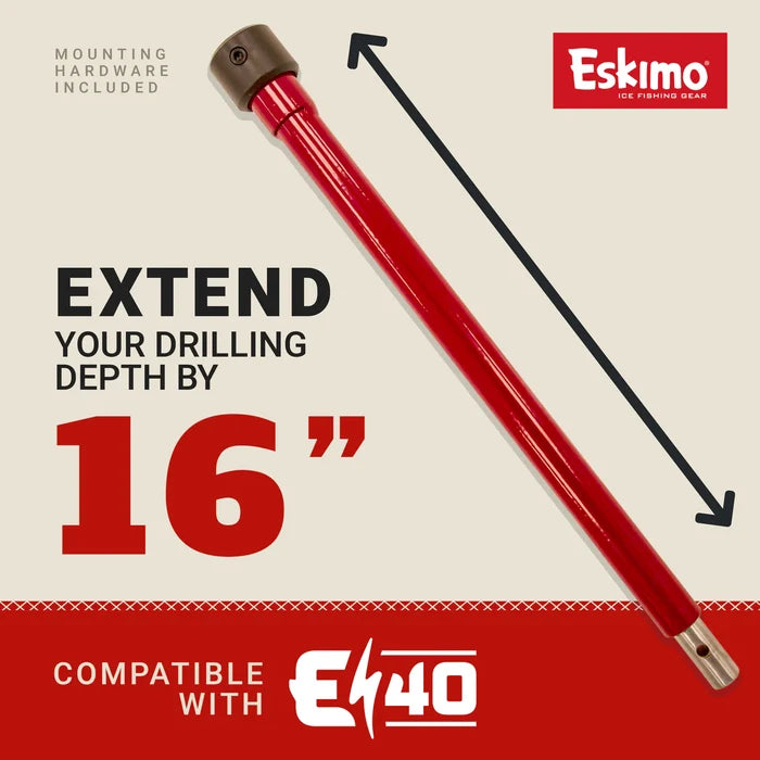 Red metal Eskimo Steel Electric Auger Extensions bar designed to extend drilling depth by 16 inches, shown with mounting hardware and compatibility indicated for EH40 model.