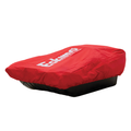 Red protective cover with white Eskimo logo designed to fit and shield outdoor gear, demonstrated here on an ice fishing sled for secure transport and storage.