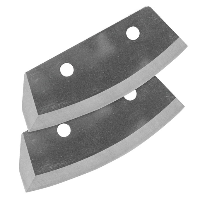 Two curved metal blades with three round holes each, designed as replacement parts for Eskimo Turbo Blades ice fishing augers.