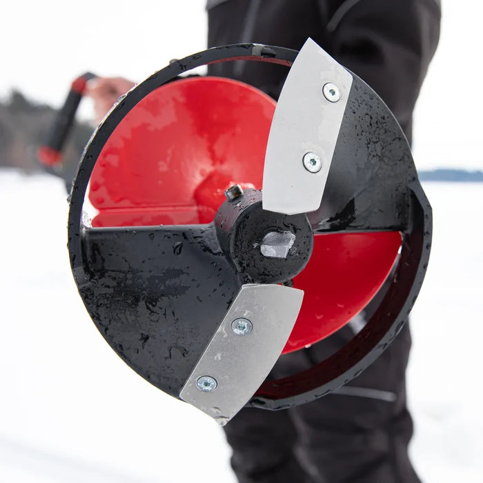 Close-up of a black and red Eskimo Turbo Blades ice fishing auger blade with sharp silver cutting edges, designed for efficient ice penetration and removal.