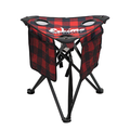 Eskimo XL Plaid Folding Ice Stool featuring a red and black plaid fabric seat with three circular cup holders, supported by a black metal tripod frame designed for portability and outdoor use.