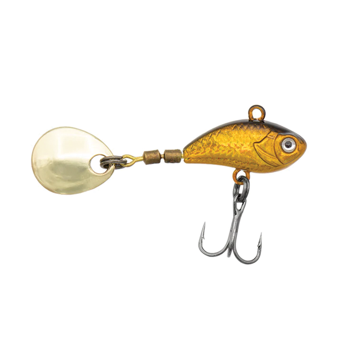 Eurotackle I-Shimmer fishing lure designed with a shiny gold fish-shaped body and metal spinner blade, featuring a sharp treble hook for effective musky fishing tackle.