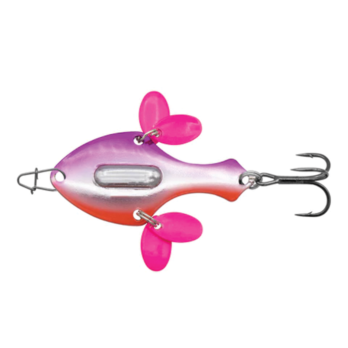 Eurotackle Spade Blade fishing lure in pink and purple with dual propeller blades and a sharp treble hook for attracting musky and other game fish.
