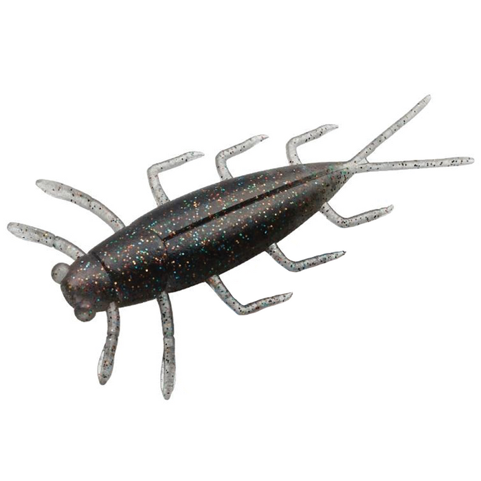 Evergreen 1.8" Gezzy fishing lure resembling a dark-bodied aquatic insect with multiple translucent legs and glitter flecks, designed for effective fishing tackle use.