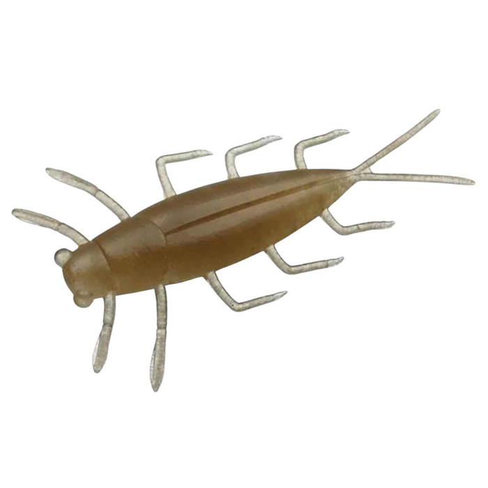 Evergreen 1.8" Gezzy soft fishing lure resembling a small aquatic insect with a brown body and translucent legs designed for musky fishing tackle.