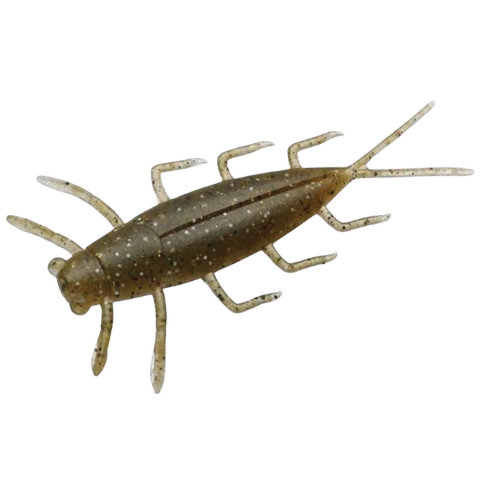 Evergreen 1.8" Gezzy soft plastic fishing lure resembling a small insect with multiple legs, designed for use with fishing tackle and rods.