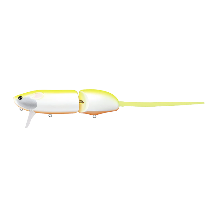 Evergreen Combat Rat fishing lure in segmented white and yellow design with a long tail, designed for lifelike movement in water to attract musky fish.