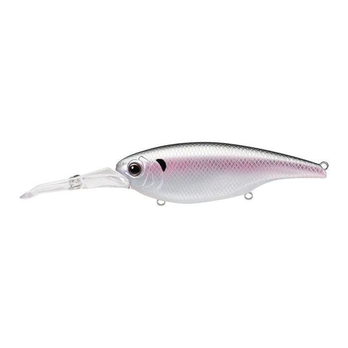 Evergreen DXV-18 fishing lure in silver and pink with detailed scale texture, large lifelike eye, and extended clear diving lip for deep water fishing.