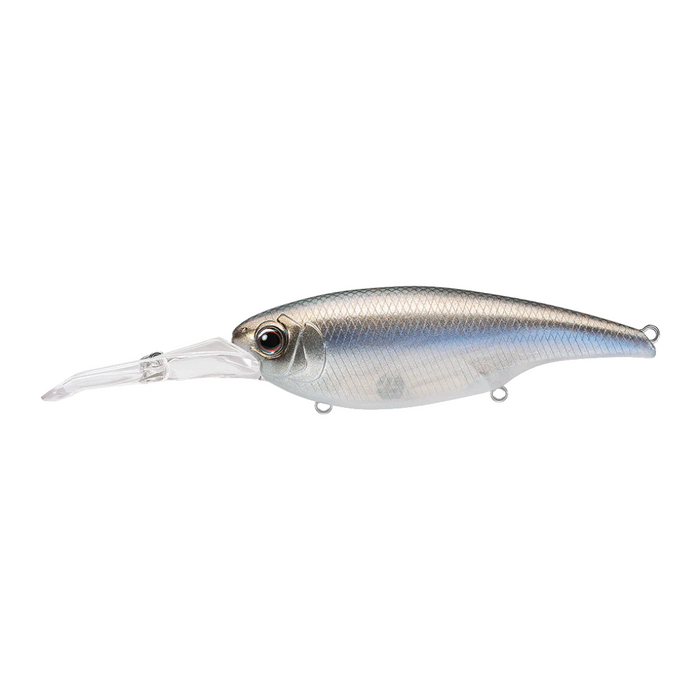Evergreen DXV-18 fishing lure in silver and blue with a detailed fish scale pattern, a long clear diving lip, and three attachment points for fishing tackle.