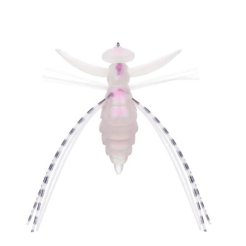 Evergreen Gizmo translucent white and pink fishing lure with segmented body and flexible strip legs designed for realistic movement in water.