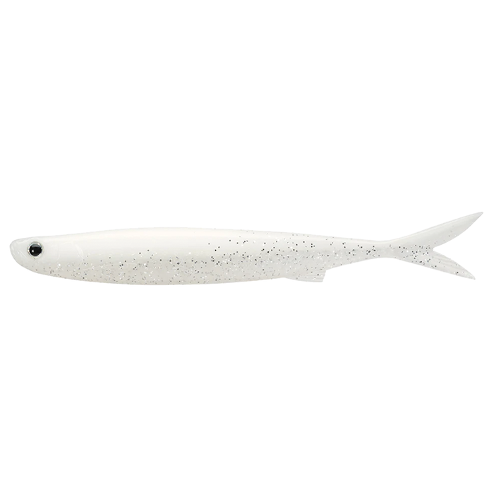 Evergreen Last Ace 103S soft fishing lure in white with black speckles and realistic black eye, designed for effective fishing tackle use targeting predatory fish.