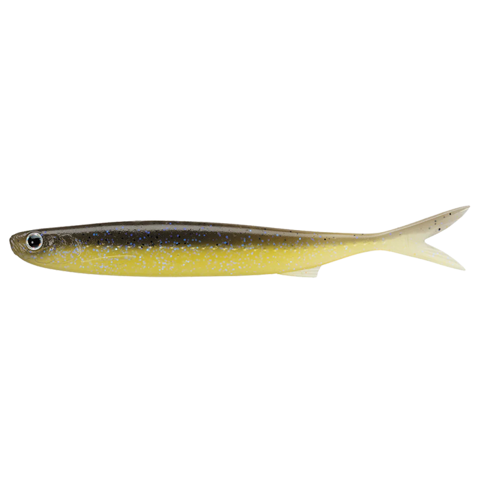 Evergreen Last Ace 103S soft fishing lure with a streamlined body, dark upper side fading to yellow on the underside, and a forked tail designed for lifelike movement in water.