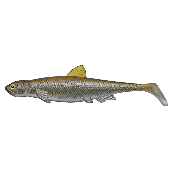 Detailed side view of the Evergreen Last Ace 140 (Line-Thru) fishing lure designed to mimic a small fish with realistic scales, fins, and a paddle tail for effective fishing tackle use.