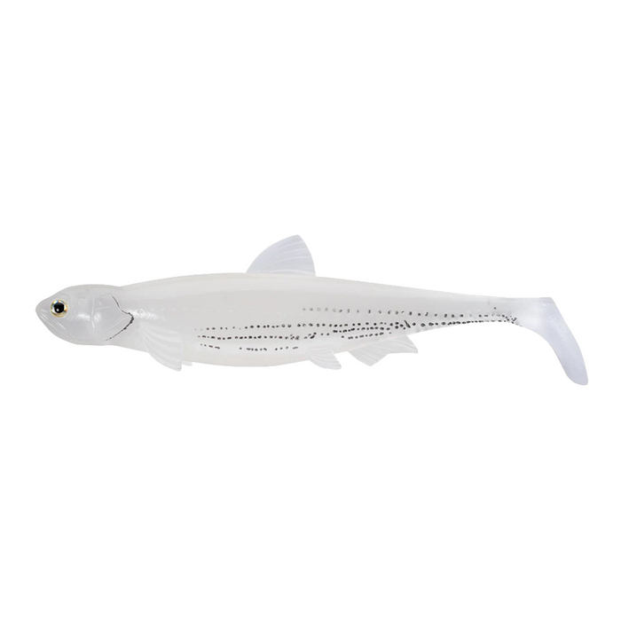 Evergreen Last Ace 140 (Line-Thru) soft fishing lure in translucent white with black spotting, designed to mimic a small baitfish for effective musky fishing tackle.