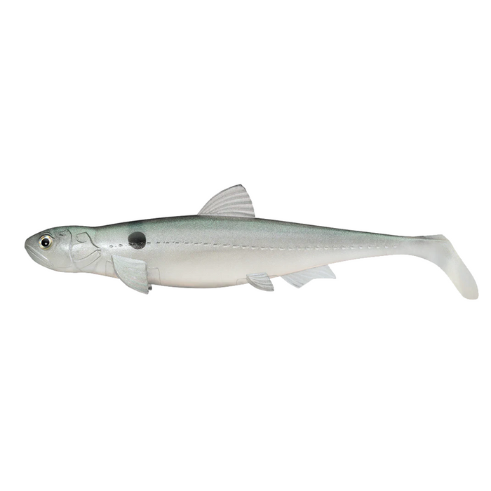 Evergreen Last Ace 140 (Line-Thru) fishing lure designed to mimic a small baitfish with silver and green shading, lifelike eyes, fins, and a paddle tail for realistic movement.