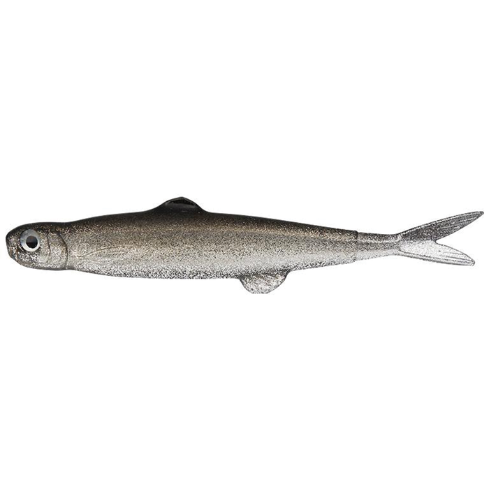 Evergreen Last Ace 45 soft fishing lure designed to mimic a small baitfish with a streamlined, silver-gray body and detailed eyes for attracting fish.
