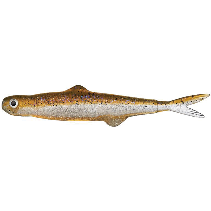Evergreen Last Ace 45 soft fishing lure shaped like a small fish with gold and silver body, detailed eyes, and sparkly purple and black accents for fishing tackle.