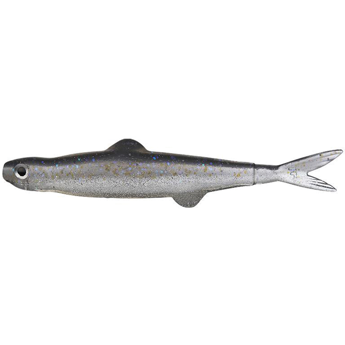 Evergreen Last Ace 45 soft fishing lure designed to mimic a small baitfish, featuring a slender body in silver-gray with subtle blue and gold flecks and a forked tail.