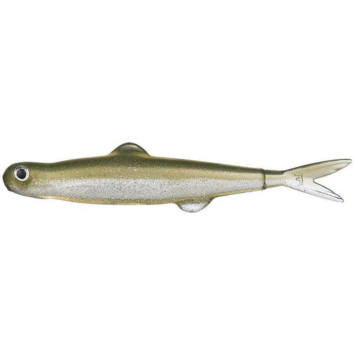 Evergreen Last Ace 45 soft fishing lure with a realistic fish shape, olive green and silver coloring, detailed eyes, and a forked tail designed for effective fishing tackle use.