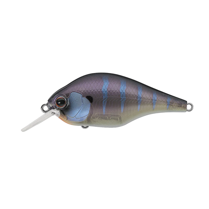 Fishing lure in muted gray with blue vertical stripes and detailed eye, designed for musky fishing, labeled as Evergreen ZR-4.