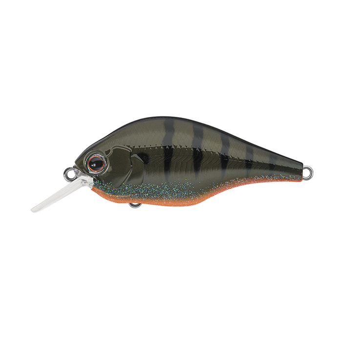 Evergreen ZR-4 fishing lure with a dark olive body, black vertical stripes, orange glitter detailing on the underside, and a clear plastic lip for diving action.