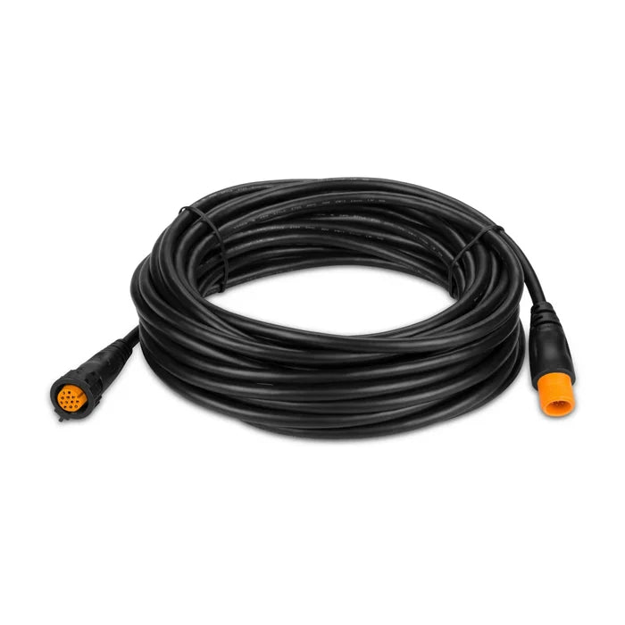 Extension Cable for 12-pin Garmin Scanning Transducers 30 ft 010-11617-42, black heavy-duty marine cable with waterproof connector ends, designed for fishing electronics.