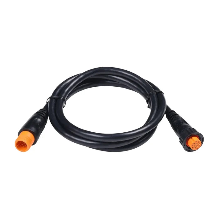 Extension Cable for 12-pin Garmin Scanning Transducers 4.3 ft 010-11617-44 showing a coiled black cable with orange 12-pin connectors on both ends, designed for marine electronics connections.