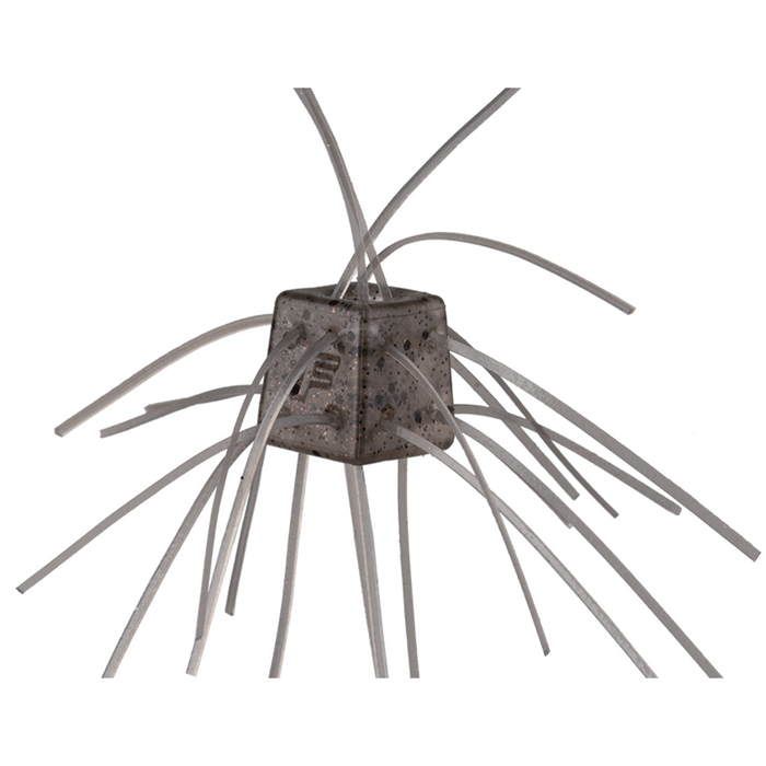 Field Side Saikoro Rubber fishing lure in translucent gray with speckled pattern and multiple flexible rubber strands extending from a cube-shaped body for attracting fish.