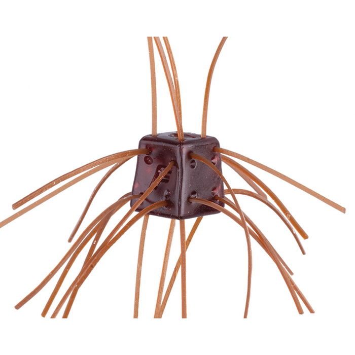 Field Side Saikoro Rubber fishing lure with a dark brown, dice-shaped body and multiple flexible, rubbery strands extending from all sides for attracting fish.